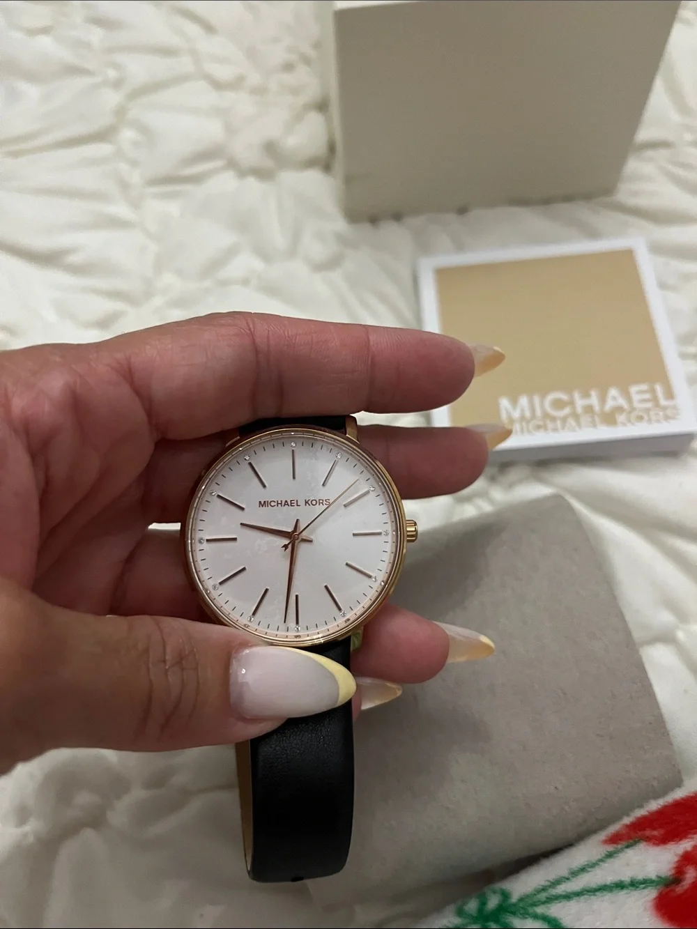 Michael Kors Black Leather Strap rose gold Gold-Tone Case White Dial Watch